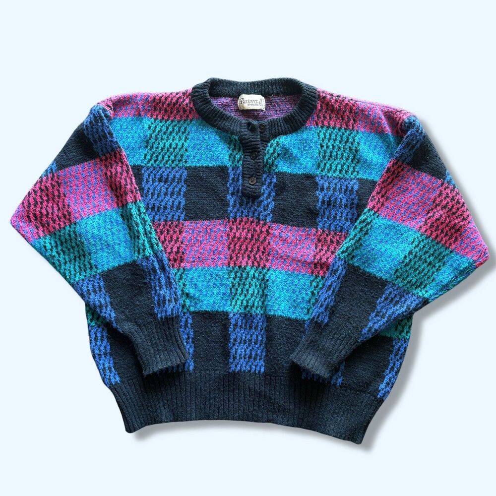 Vintage 90s Partners II By Mervyns color Block Plaid Unisex Sweater Baggy